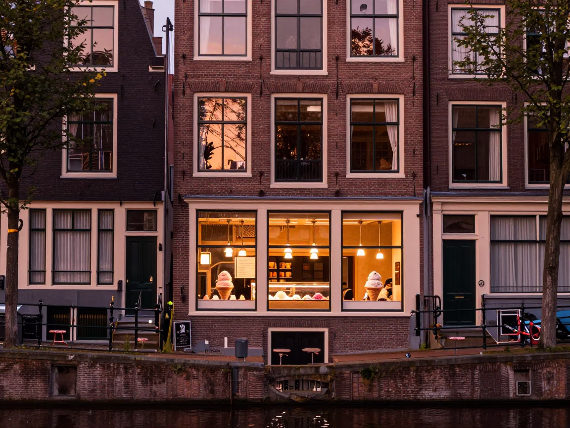 Amsterdam Canal House Street Scene with Gelato Display in Copper Dusk Light in in Amsterdam, Netherlands