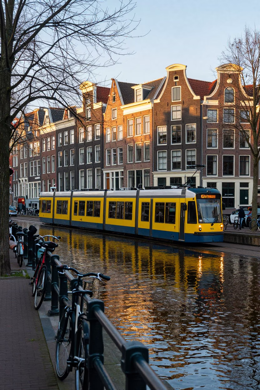 Amsterdam canal house street scene with tram and bicycles at dawn in in Amsterdam, Netherlands