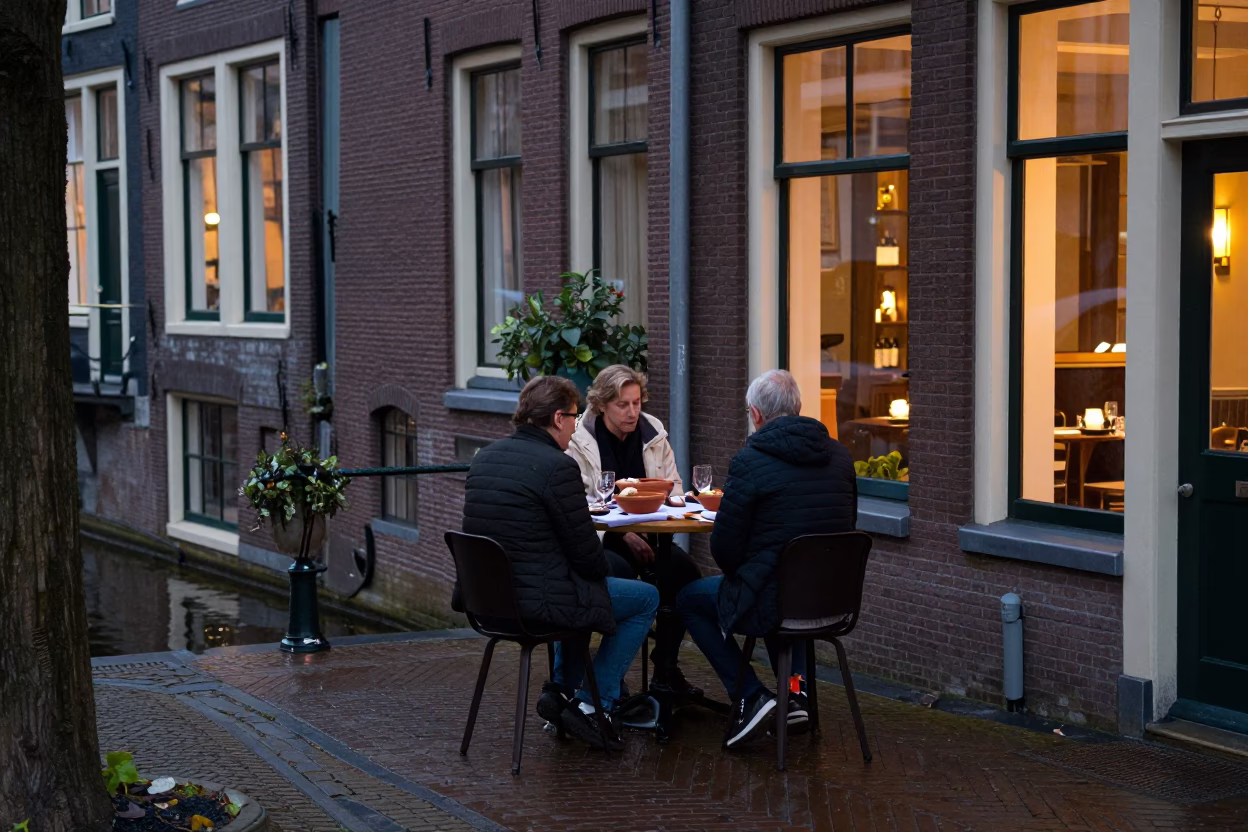 Amsterdam Canal House Terrace Dinner with Terracotta Bowls and Vine at Dusk in in Amsterdam, Netherlands