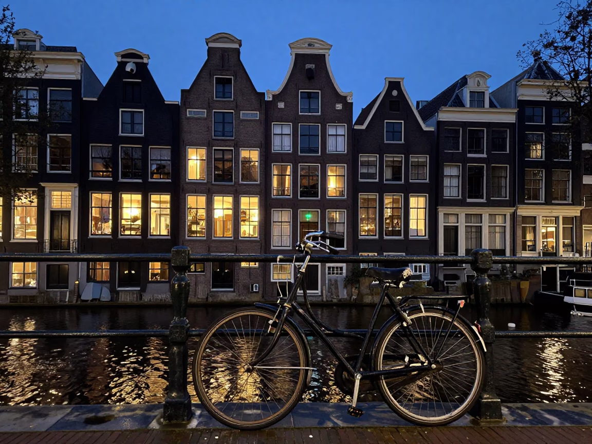 Amsterdam Canal House Twilight Scene with Bicycle and Frayed Rope in in Amsterdam, Netherlands