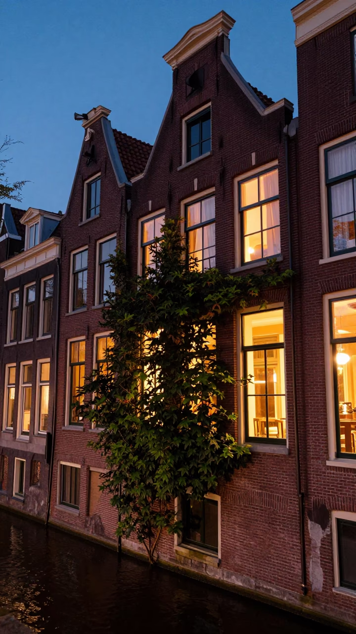 Amsterdam Canal House Twilight Scene with Clematis Vine and Stone Wall in in Amsterdam, Netherlands