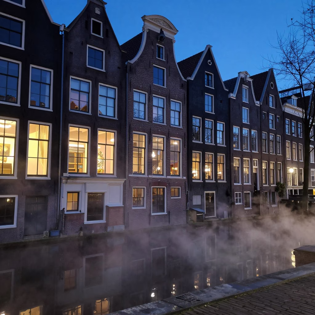 Amsterdam Canal House Twilight Scene with Steam Haze and Local Details in in Amsterdam, Netherlands