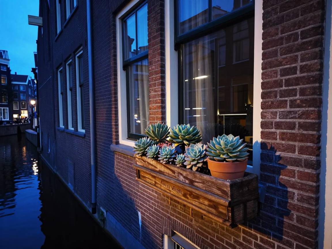 Amsterdam canal house twilight scene with succulents and brickwork in in Amsterdam, Netherlands