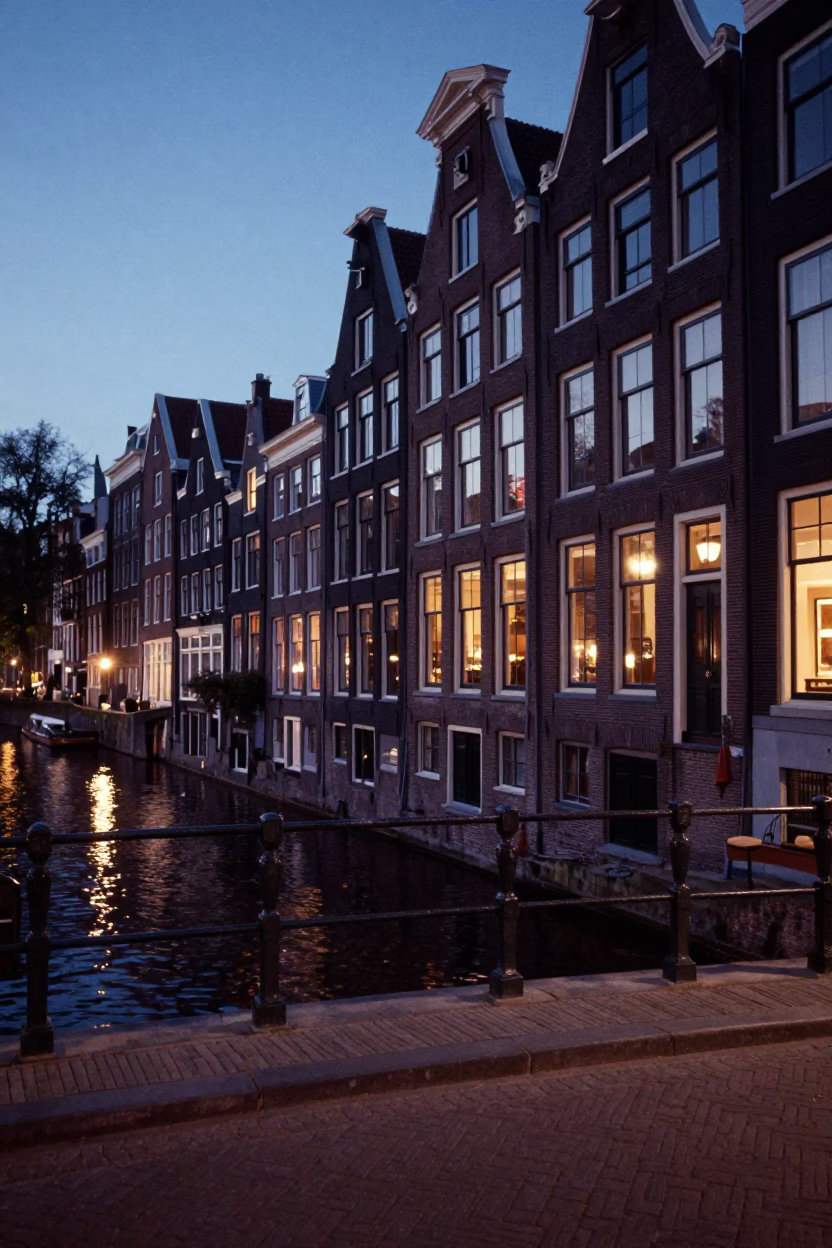Amsterdam Canal House Twilight Stair Rail and Cobblestone Street Scene in in Amsterdam, Netherlands