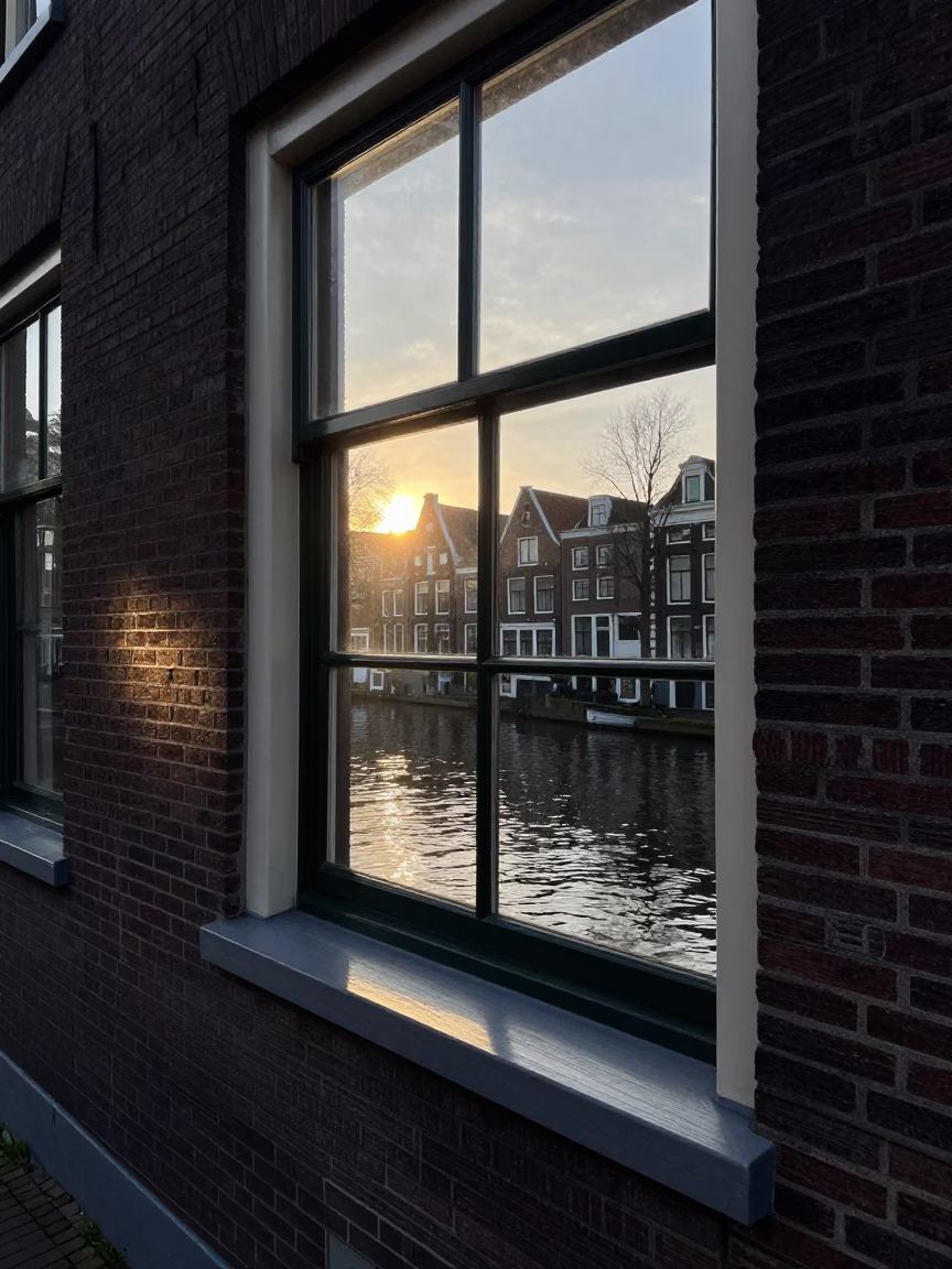 Amsterdam Canal House Window at Dawn with Sunlight and Breakfast Items in in Amsterdam, Netherlands