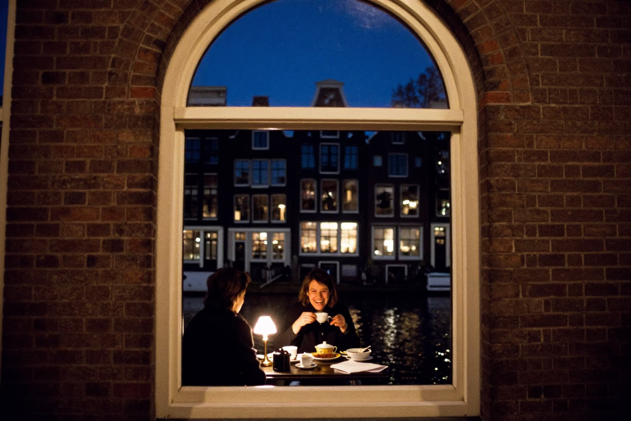 Amsterdam Canal House Window at Night with Tea and Books Candid Moment in in Amsterdam, Netherlands