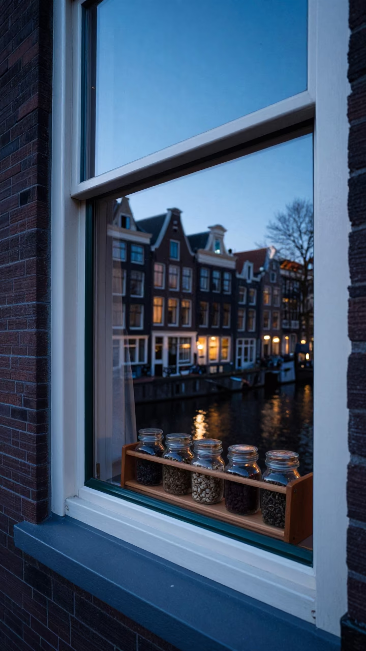 Amsterdam canal house window blue hour spice jar reflection in in Amsterdam, Netherlands
