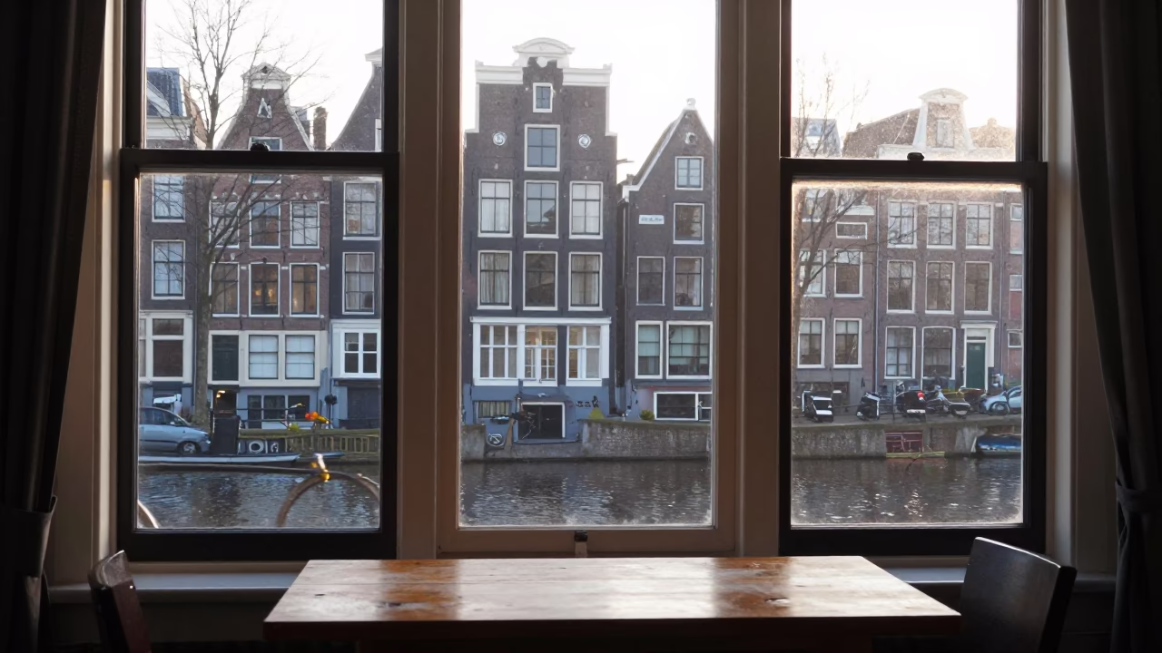 Amsterdam Canal House Window Light and Morning Commute at Sunrise in in Amsterdam, Netherlands
