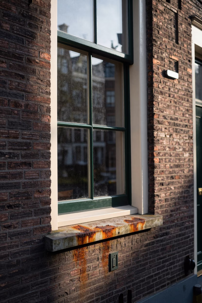 Amsterdam Canal House Window Sill Detail with Rust and Morning Light in in Amsterdam, Netherlands