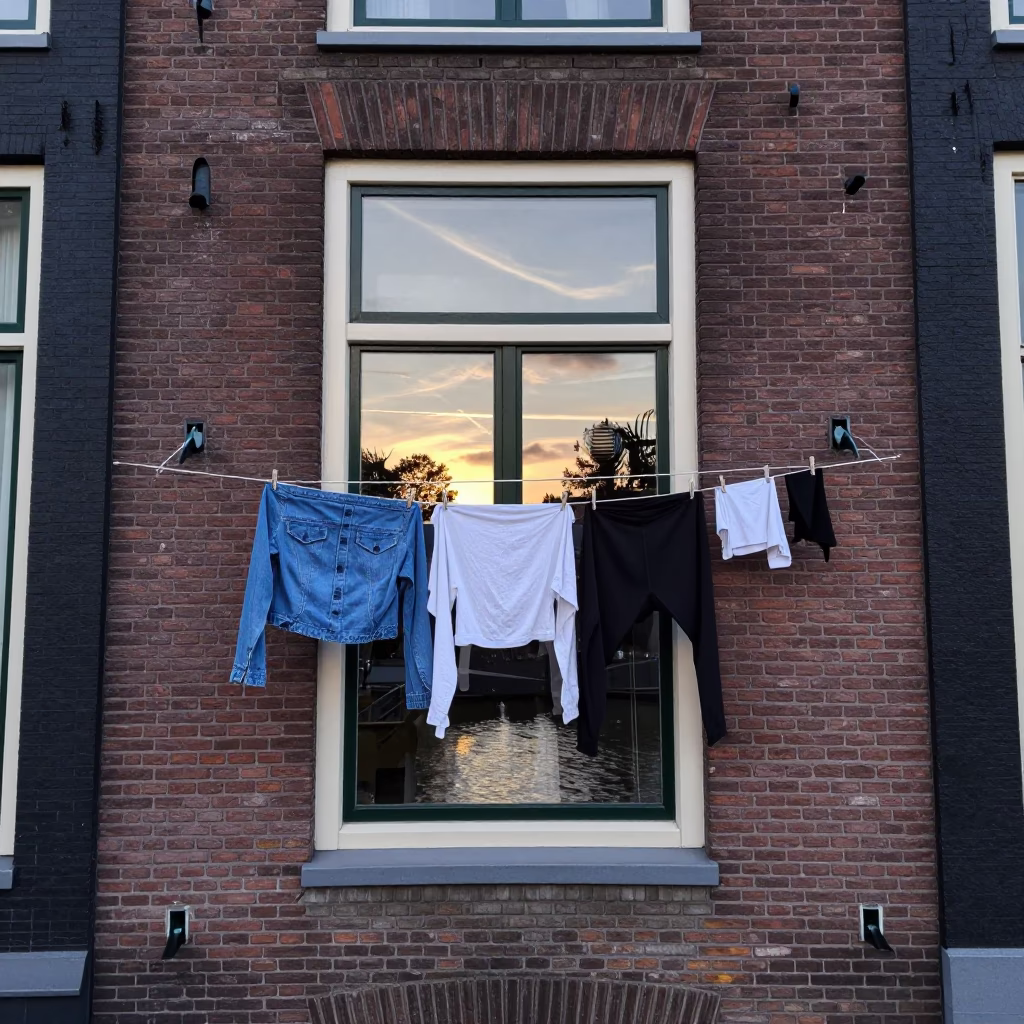 Amsterdam canal house window with hanging wet laundry against sunset sky in in Amsterdam, Netherlands