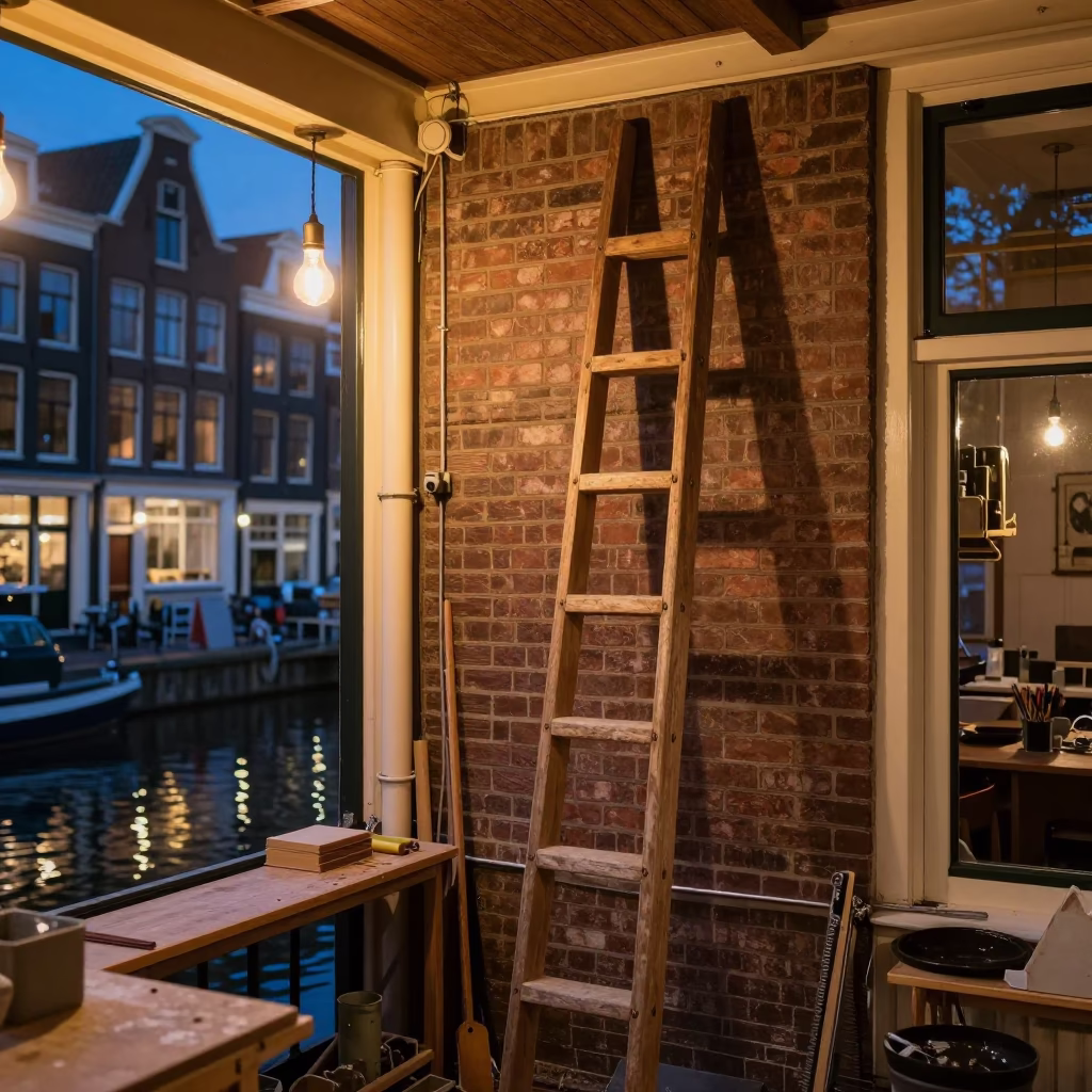 Amsterdam Canal House Workshop Interior at Dusk with Wooden Ladder and Tools in in Amsterdam, Netherlands