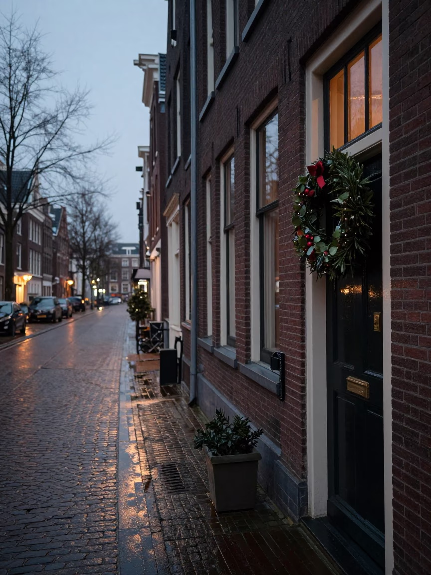 Amsterdam Canal House Wreath and Door Details Before Dawn in in Amsterdam, Netherlands