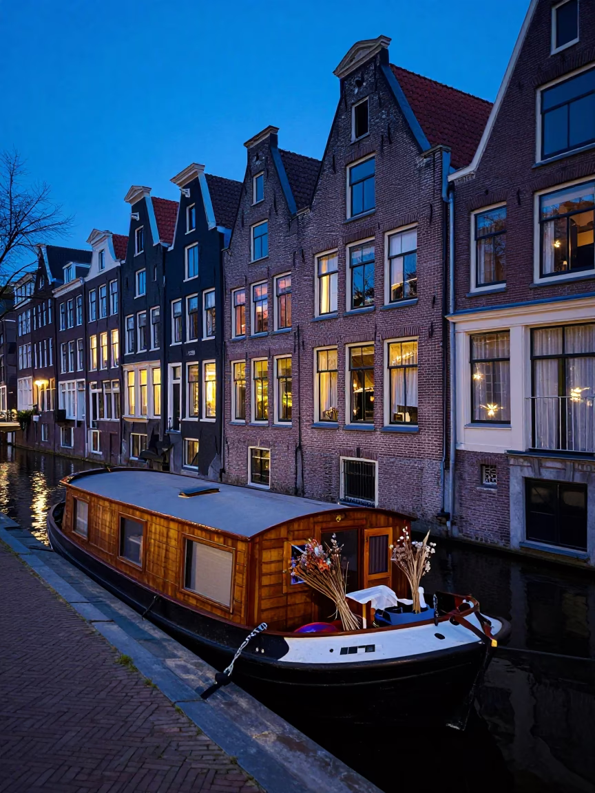 Amsterdam Canal Houseboat at Blue Hour with Dried Flowers and Doorknob Detail in in Amsterdam, Netherlands