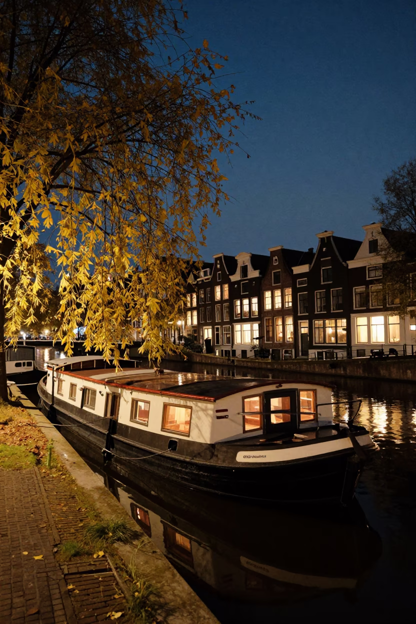Amsterdam Canal Houseboat Moored Under Autumn Willows at Midnight in in Amsterdam, Netherlands