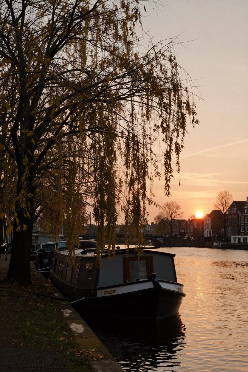 Amsterdam Canal Houseboat Moored Under Autumn Willows at Sunset with Drawbridge in in Amsterdam, Netherlands