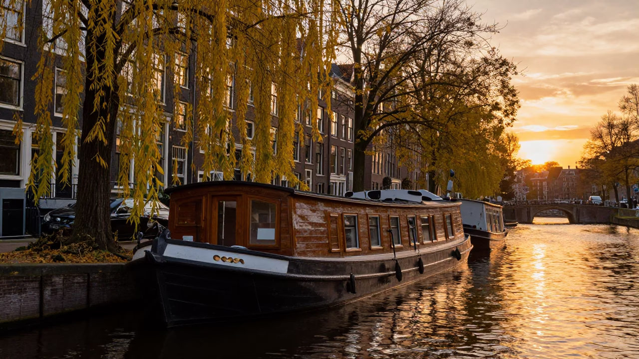 Amsterdam Canal Houseboat Moored Under Autumn Willows at Sunset in in Amsterdam, Netherlands