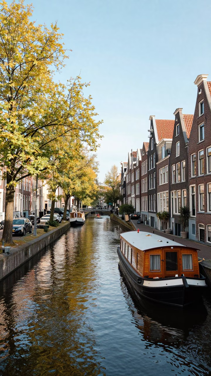 Amsterdam Canal Houseboat Moored Under Autumn Willows in Bright Midmorning Light in in Amsterdam, Netherlands