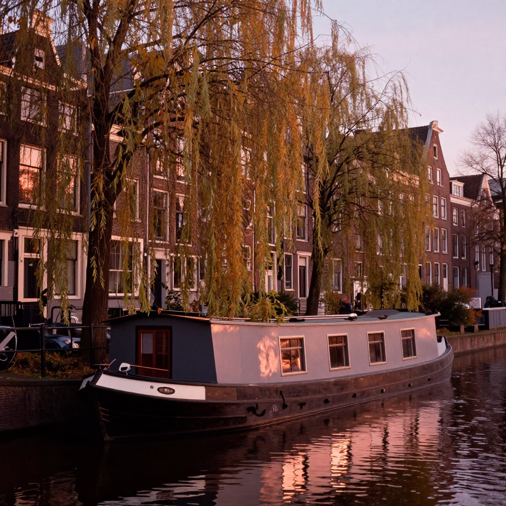 Amsterdam canal houseboat moored under autumn willows in copper-toned dusk light in in Amsterdam, Netherlands