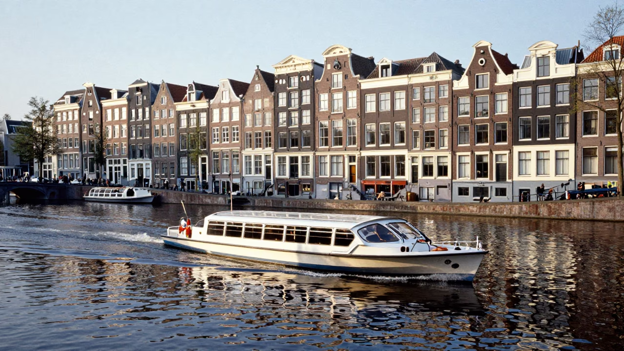 Amsterdam Canal Houseboats and Water Taxi in Bright Midmorning Light 1970s in in Amsterdam, Netherlands