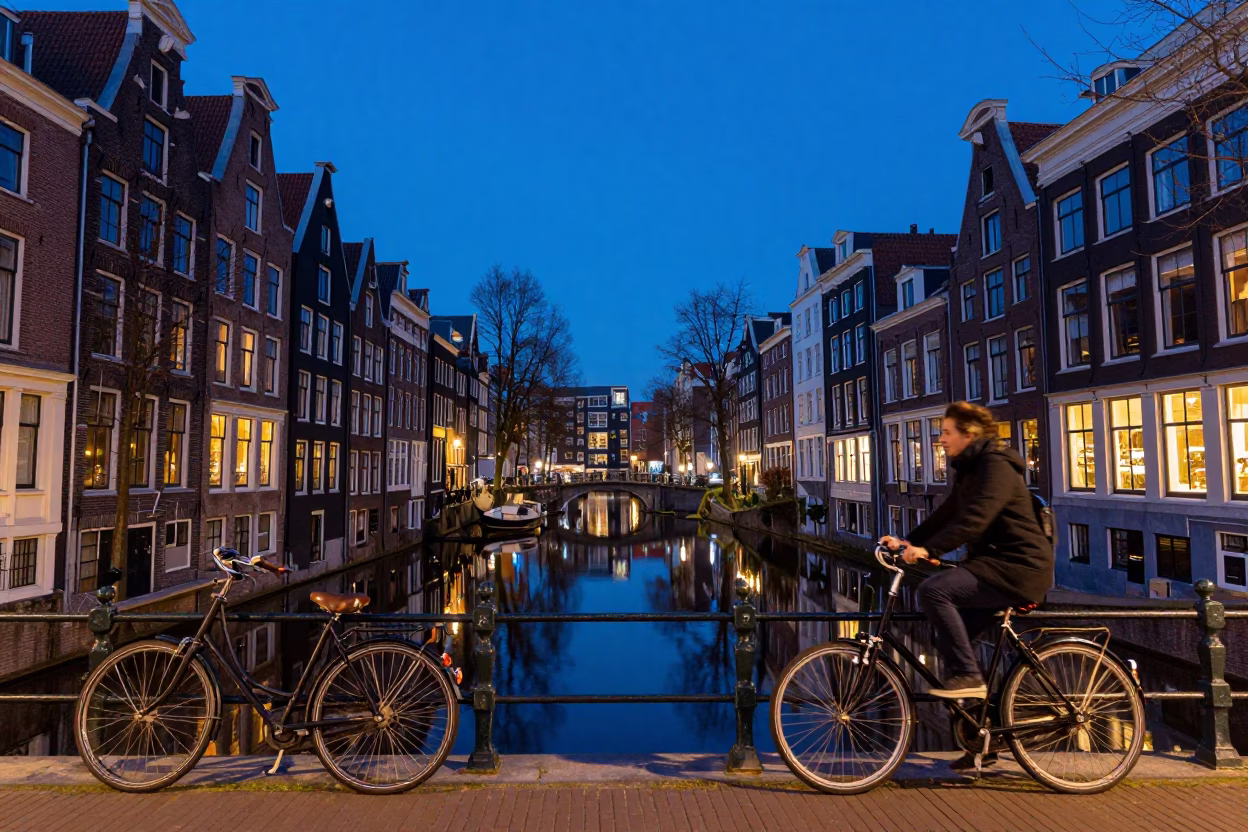 Amsterdam Canal Houses at Blue Hour with Bicycle and Reflection in in Amsterdam, Netherlands