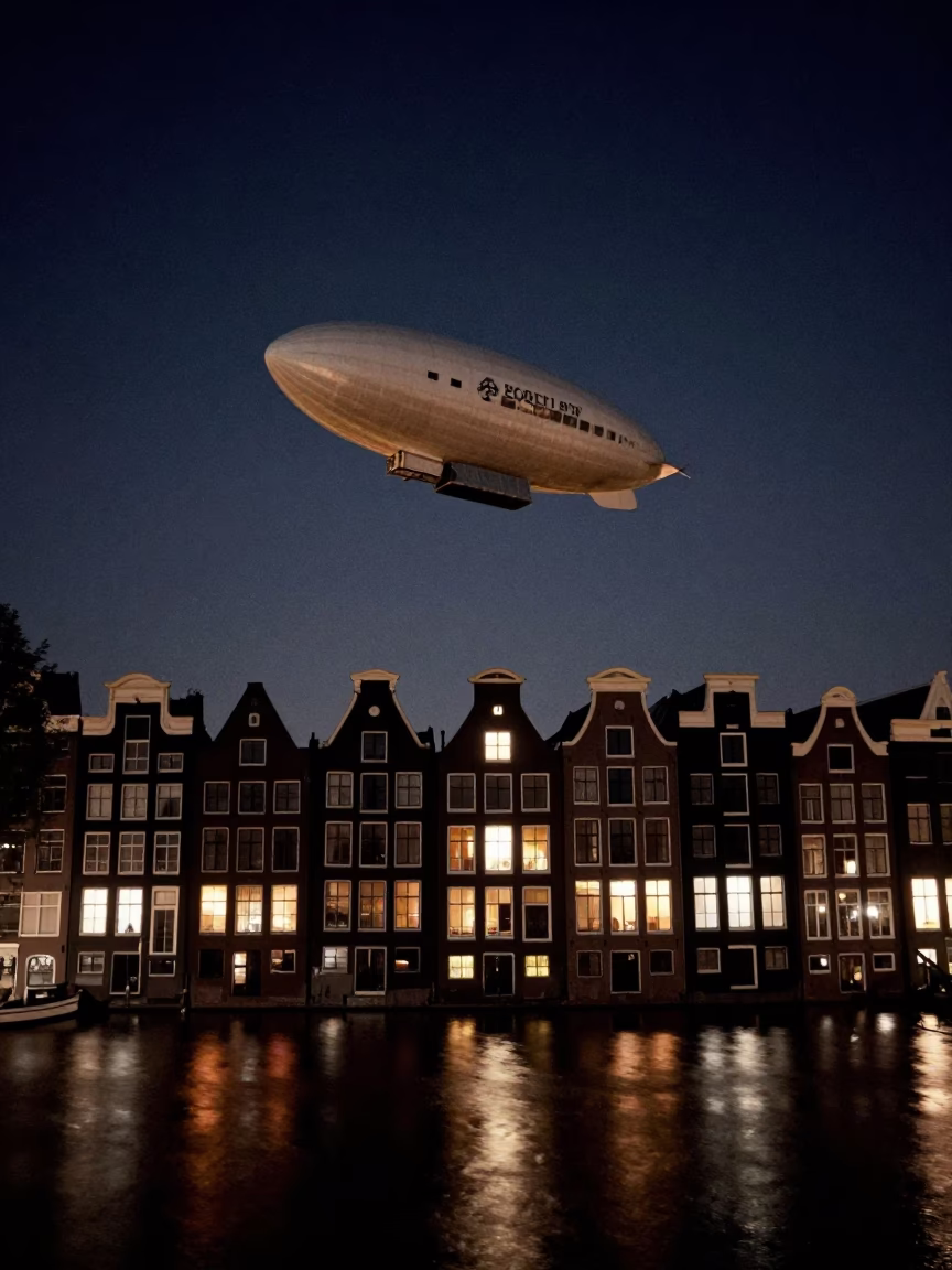 Amsterdam canal houses at night with zeppelin airship floating over city skyline in in Amsterdam, Netherlands