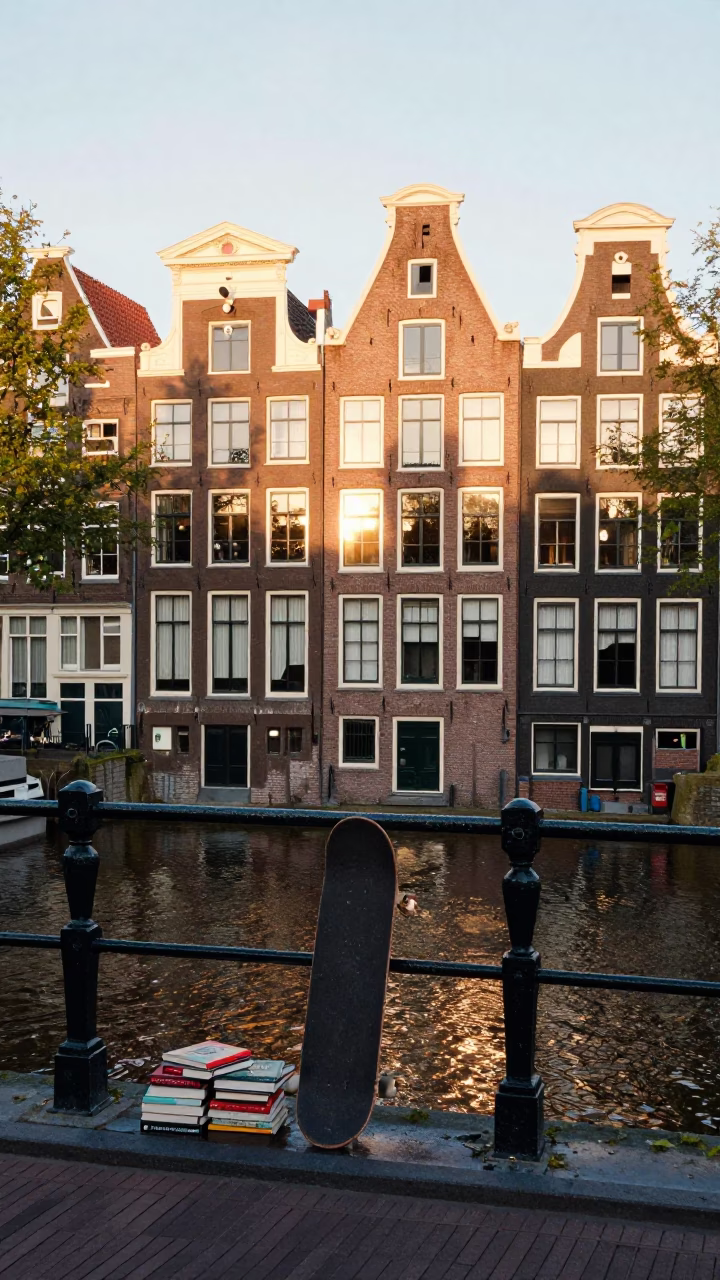 Amsterdam Canal Houses at Sunrise with Skateboard and Books in in Amsterdam, Netherlands