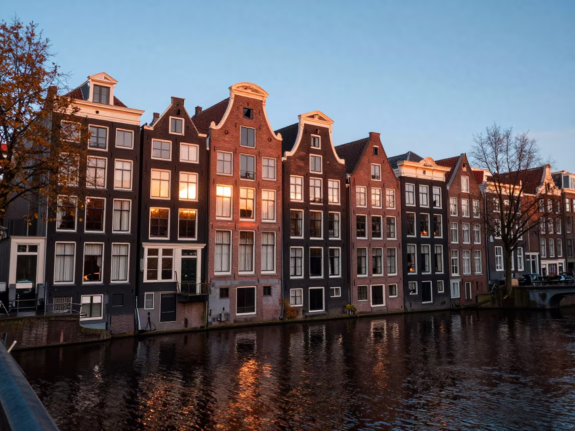 Amsterdam Canal Houses Copper Dusk Before Nightfall in near De Pijp, Amsterdam