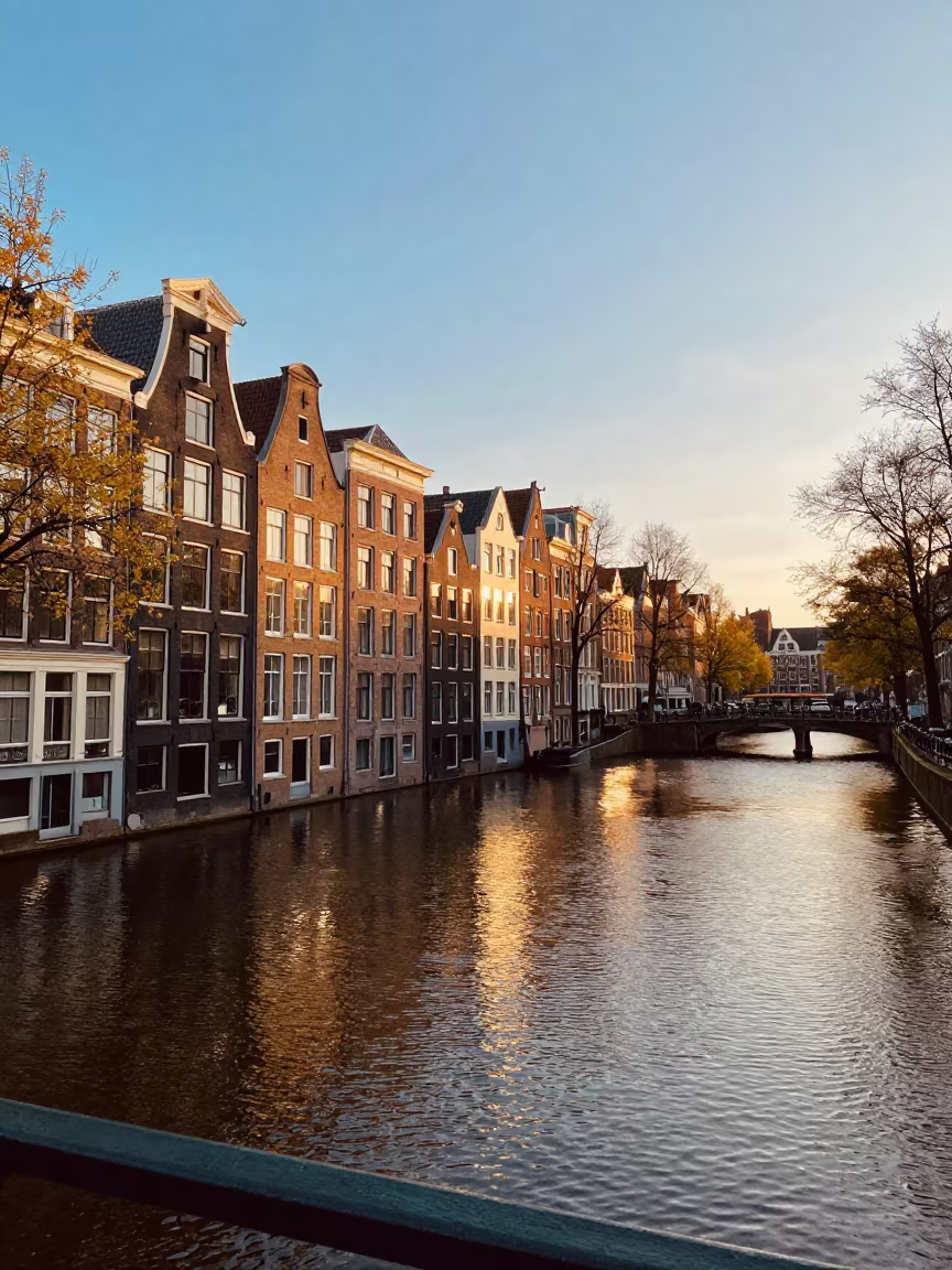 Amsterdam Canal Houses in Golden Hour Light in near Waterlooplein, Amsterdam