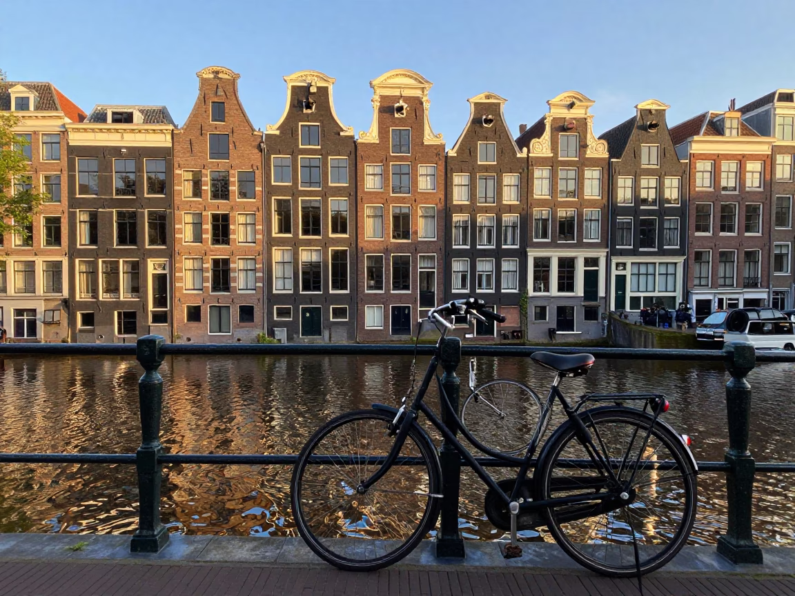 Amsterdam Canal Houses in Late Afternoon Light with Bicycle and Street Details in in Amsterdam, Netherlands