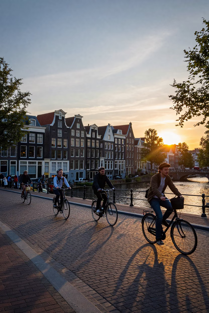 Amsterdam Canal Houses Sunset Street Scene with Cyclists and Traditional Dutch Architecture in in Amsterdam, Netherlands