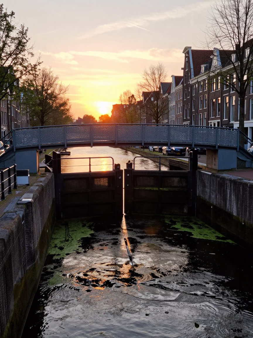 Amsterdam Canal Lock Algae Streaks and Perforated Metal Overpass at Dusk in in Amsterdam, Netherlands