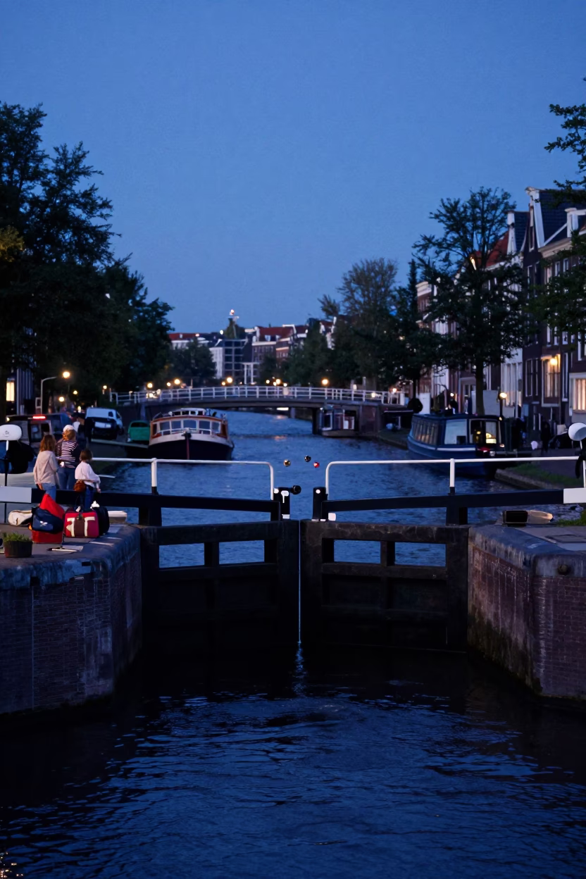 Amsterdam Canal Lock at Indigo Twilight with Wooden Gates and Suitcases in in Amsterdam, Netherlands