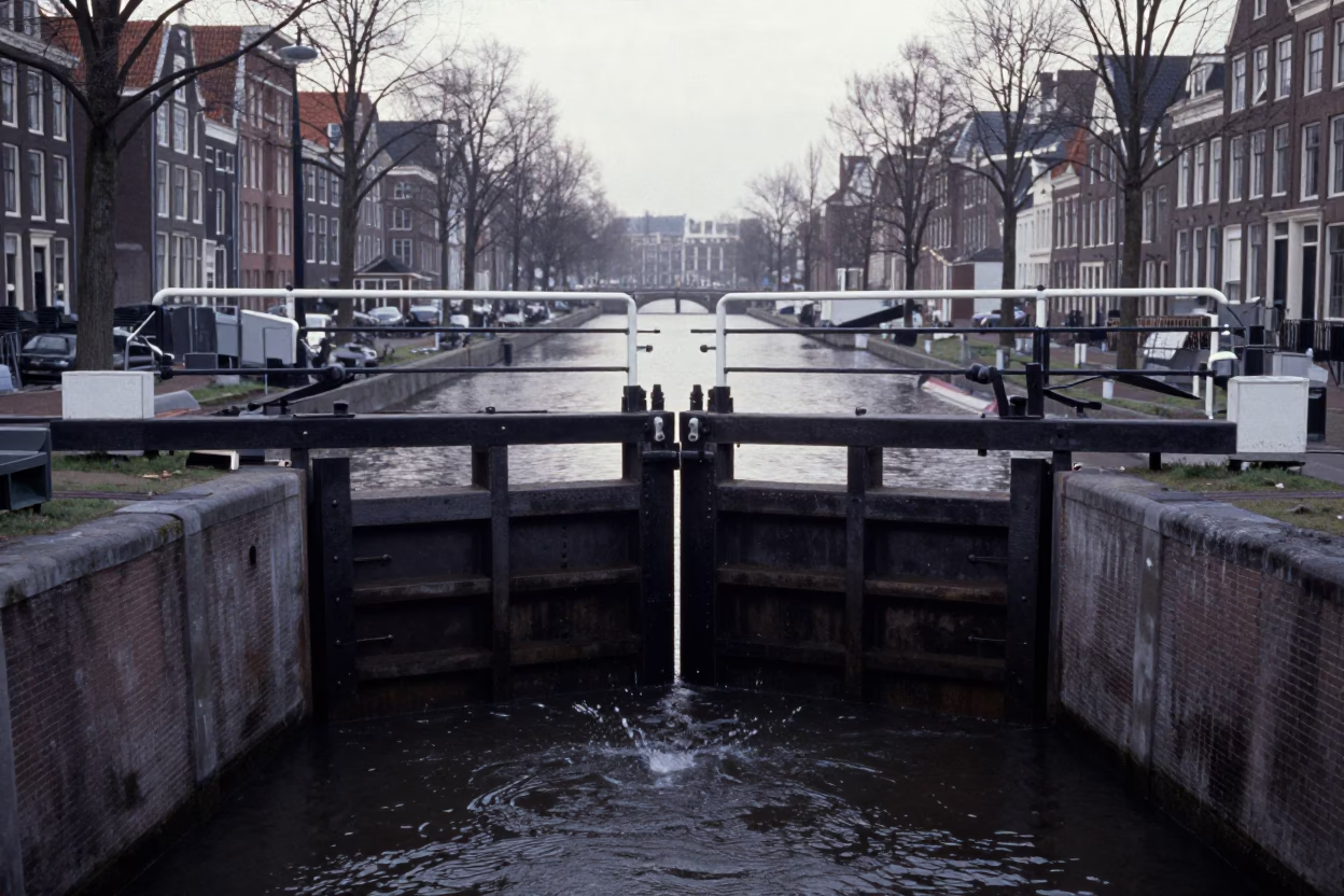 Amsterdam Canal Lock Gate Dripping Beside Muddy Edge Before Dawn in Netherlands in in Amsterdam, Netherlands