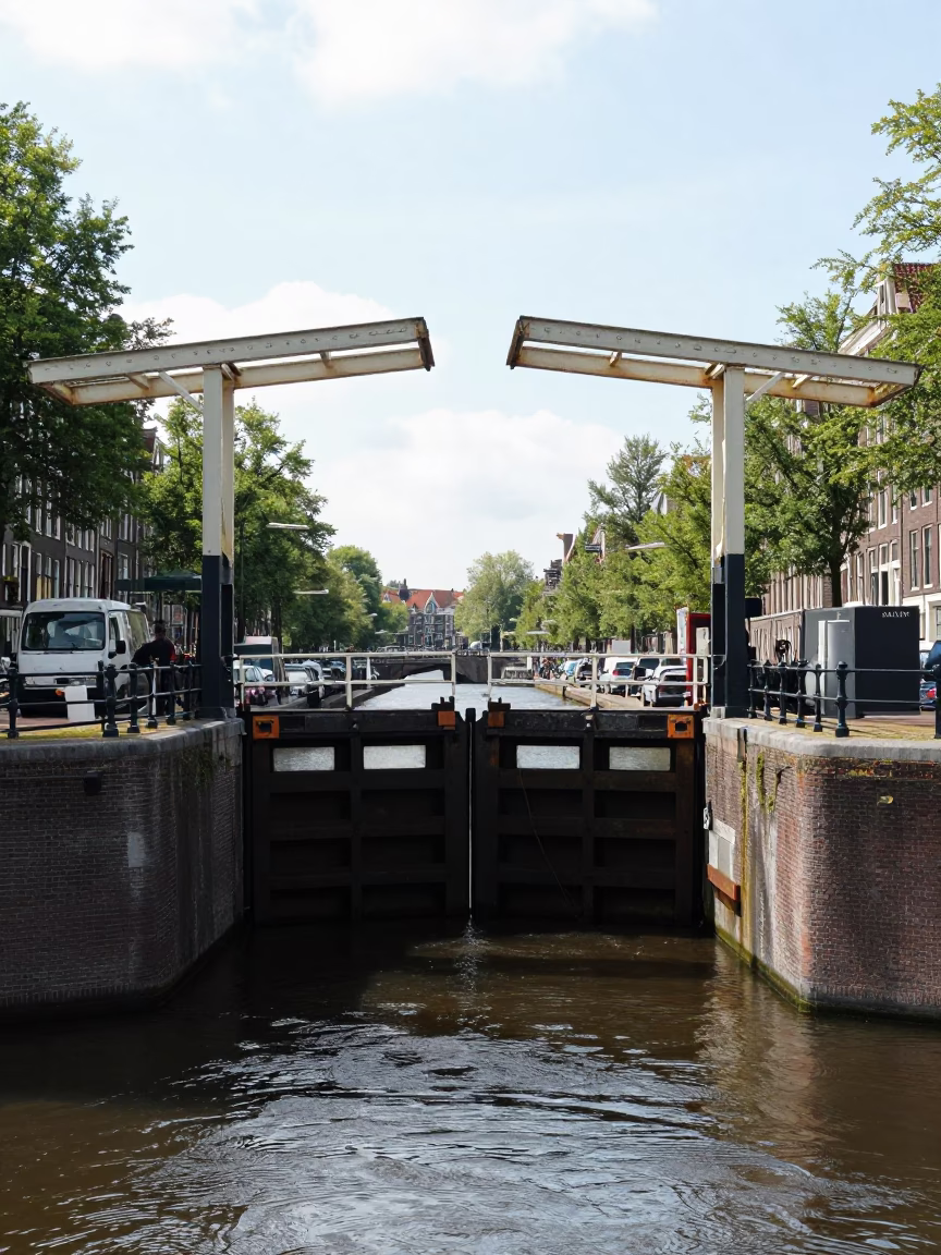 Amsterdam Canal Lock Gate in Raised Position Under Flat Noon Light in in Amsterdam, Netherlands