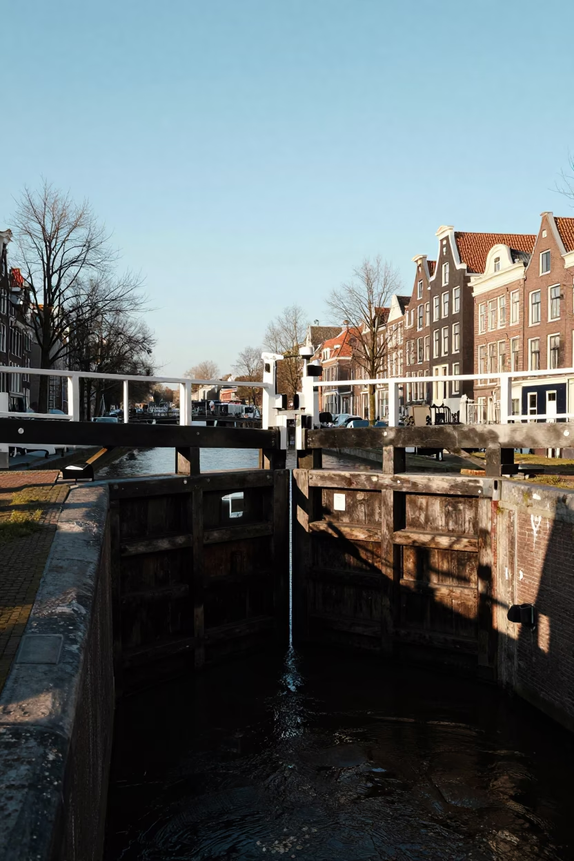 Amsterdam Canal Lock Wooden Gates in Late Afternoon Light 1950s in in Amsterdam, Netherlands