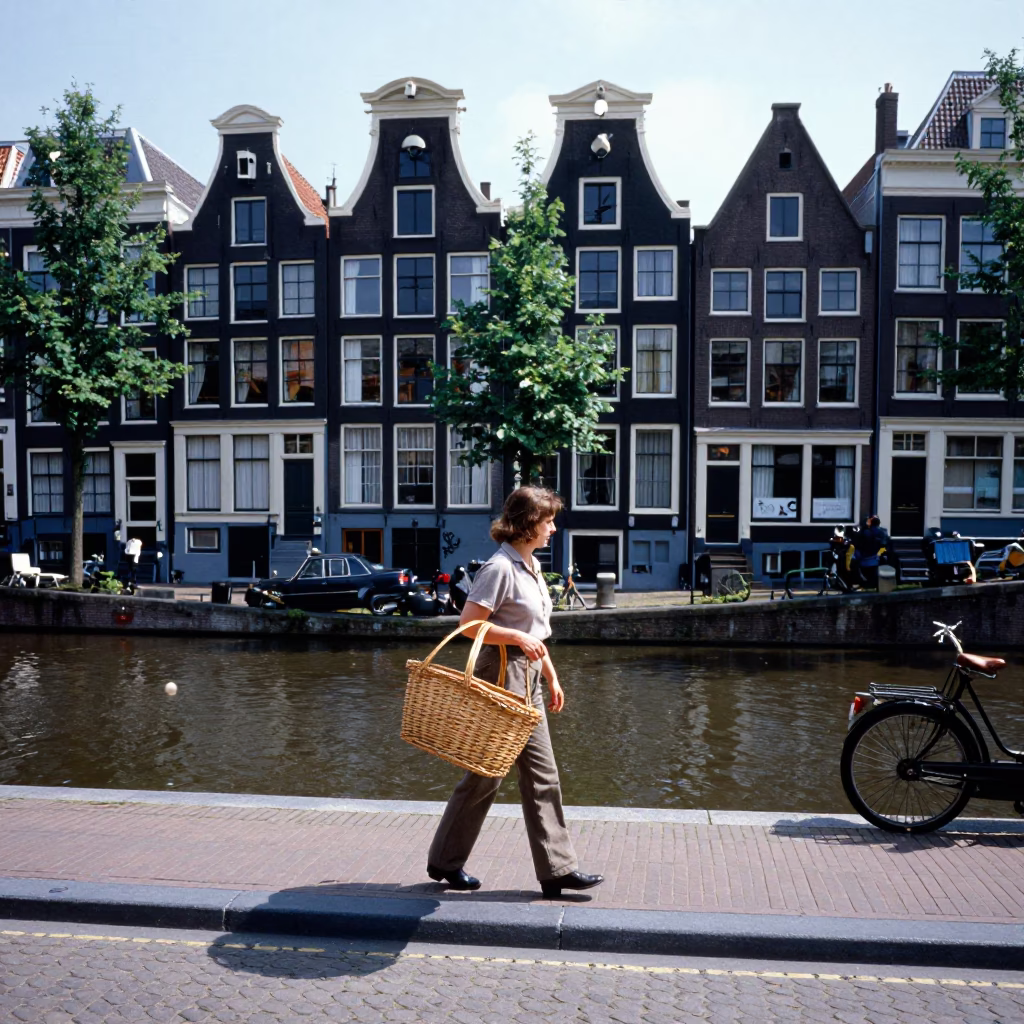 Amsterdam Canal Midday Street Scene with Basket and Local Life in in Amsterdam, Netherlands