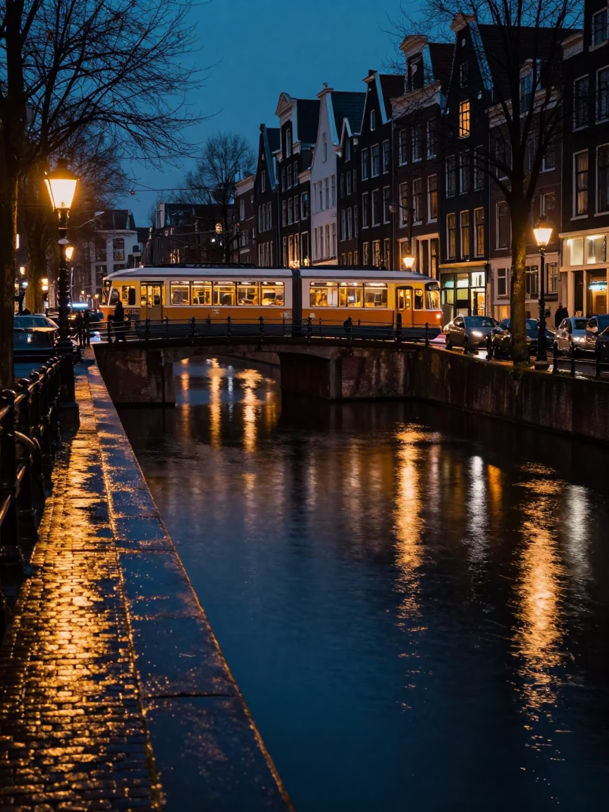 Amsterdam Canal Midnight Rain Reflections Heritage Tram Peg Rails Realistic Photography in in Amsterdam, Netherlands