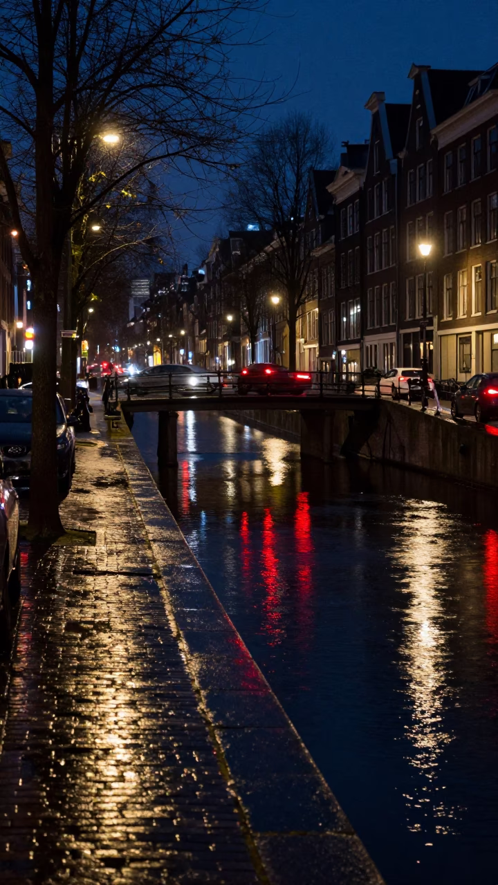 Amsterdam canal midnight reflection with overpass taillights and brushed steel railing in in Amsterdam, Netherlands