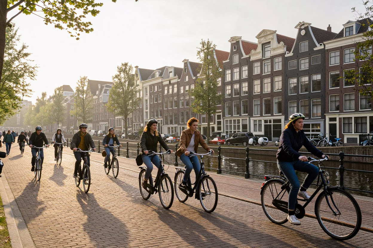 Amsterdam Canal Morning Bicycle Traffic and Historic Gabled Houses in in Amsterdam, Netherlands