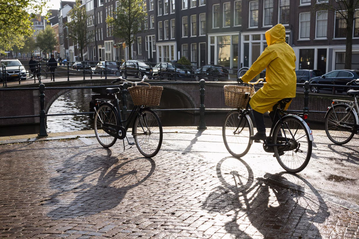 Amsterdam Canal Morning Bicycle Traffic and Wicker Basket Shadows at Sunrise in in Amsterdam, Netherlands