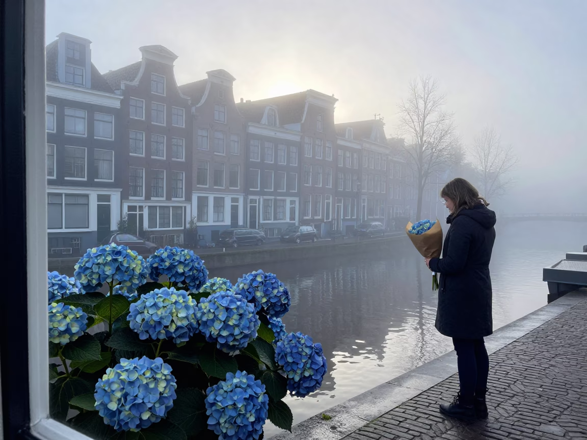 Amsterdam canal morning fogged window glass hydrangeas seam ripper in in Amsterdam, Netherlands