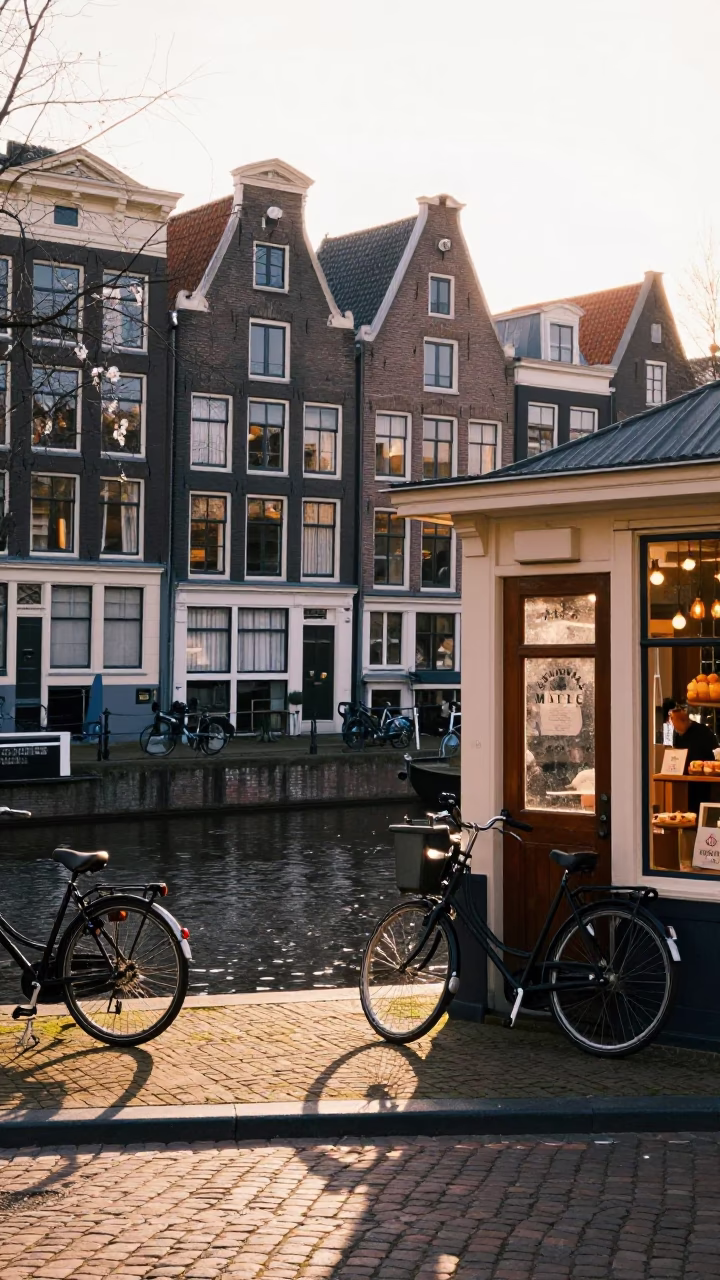 Amsterdam Canal Morning Light and Bicycles Outside Traditional Bakery Shop in in Amsterdam, Netherlands