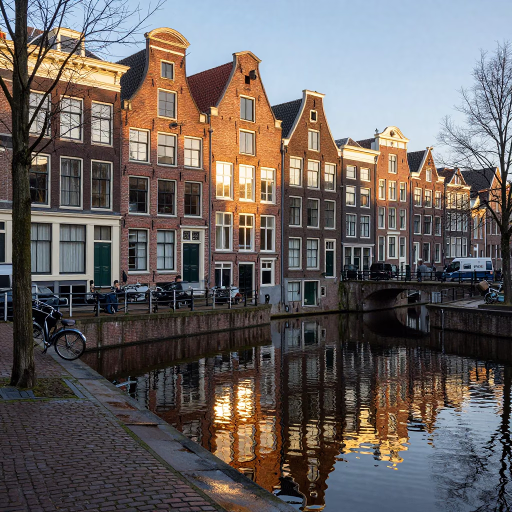 Amsterdam Canal Morning Light Reflects on Brick Facades and Wet Cobblestone Streets in in Amsterdam, Netherlands