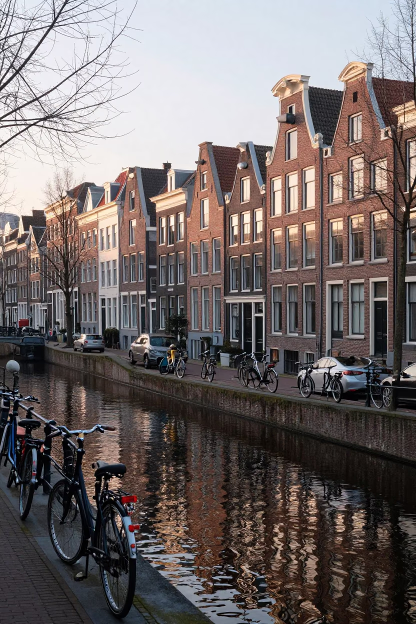 Amsterdam Canal Morning Light with Bicycle Traffic and Brick Architecture in in Amsterdam, Netherlands