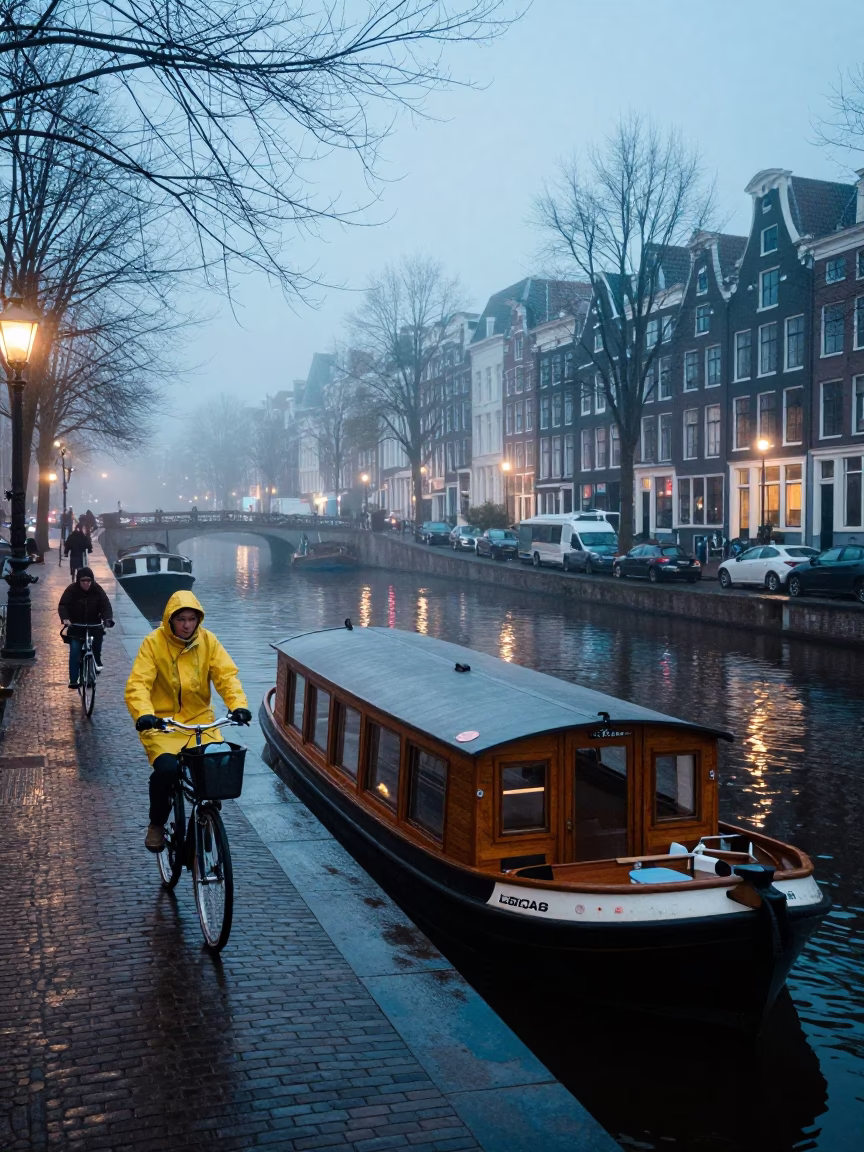 Amsterdam Canal Morning Nautical Dawn Bicycle Traffic and Traditional Architecture in in Amsterdam, Netherlands