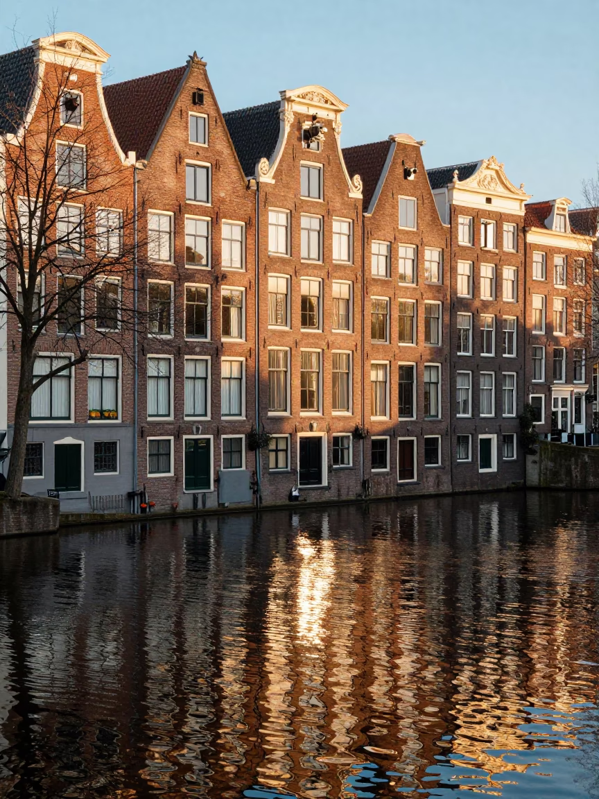 Amsterdam Canal Morning Sunlight Reflecting on Brick Facades and Moored Houseboats in in Amsterdam, Netherlands