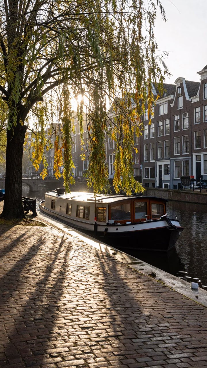 Amsterdam Canal Morning with Houseboat and Sunlight on Cobblestones in in Amsterdam, Netherlands
