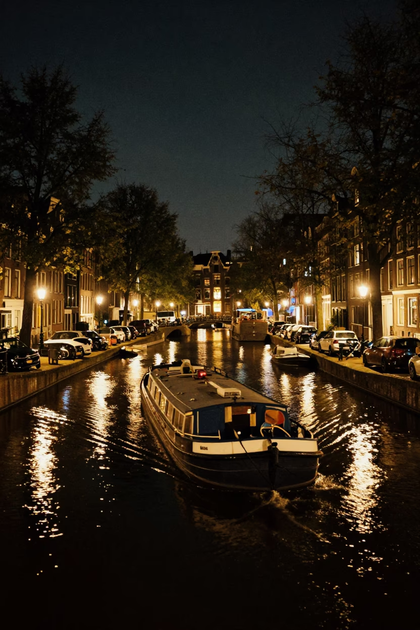 Amsterdam canal night barge navigating bend tree-lined water reflections in in Amsterdam, Netherlands