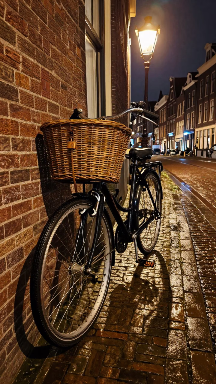 Amsterdam Canal Night Bicycle Basket Rusty Lock and Cobblestone Reflections in in Amsterdam, Netherlands
