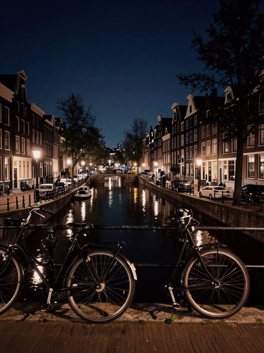 Amsterdam Canal Night Scene with Bicycle and Cobblestones in in Amsterdam, Netherlands